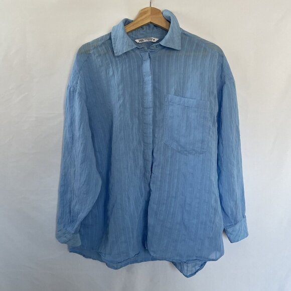 Zara women's Medium shirred casual business Light Blue Striped Button-Up Shirt - Picture 1 of 8